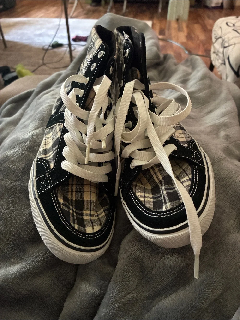 Vans High-Top Plaid Sneakers in Black, Cream & Tan